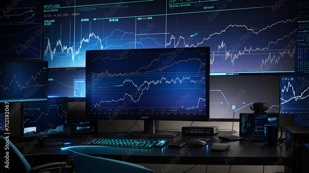 stock trading charts on monitor with dark background stock trading charts on monitor with dark background