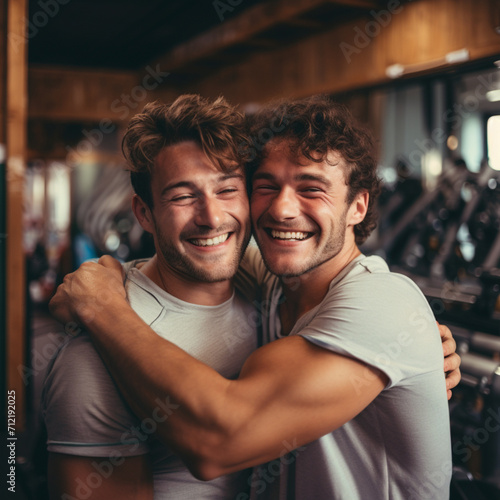 Friends hugging at the gym.