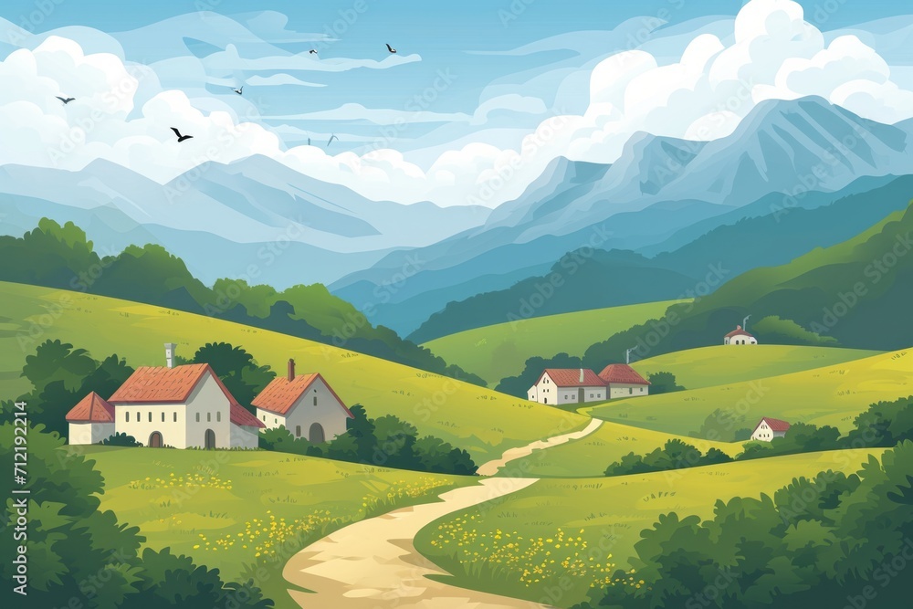 Illustration of a landscape with mountains, sky and village houses Illustration of a landscape with mountains, sky and village houses