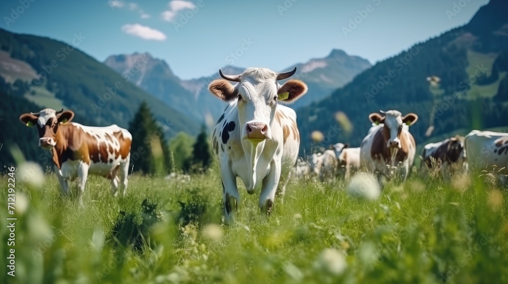 A herd of well-groomed, beautiful, healthy cows graze on a green meadow in the mountains. Modern farm life
