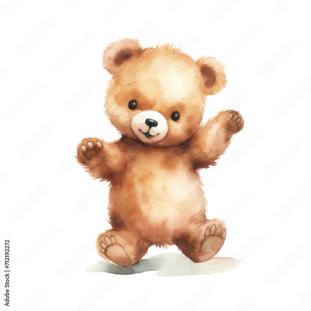 Fototapeta premium Cute baby bear cub character dancing watercolor illustration for children book.