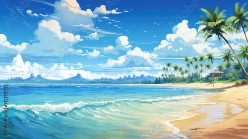 Tropical beach panorama with palm trees and clear blue sky. Vacation and travel.