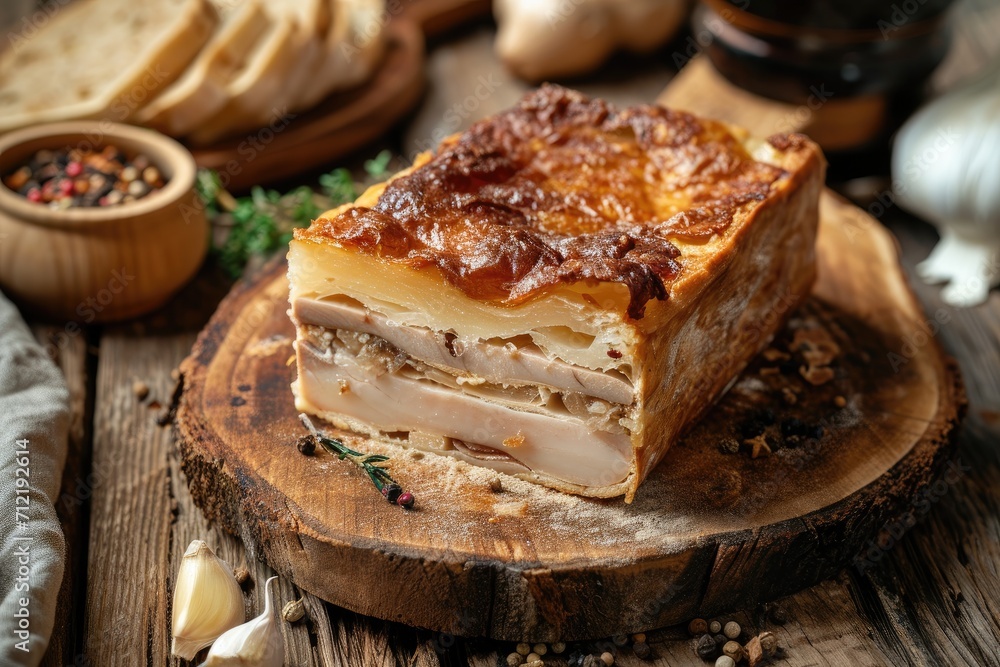 High angle view of Tyrolean farm bread with spicy crackling pork lard Griebenschmalz on wooden board High angle view of Tyrolean farm bread with spicy crackling pork lard Griebenschmalz on wooden board