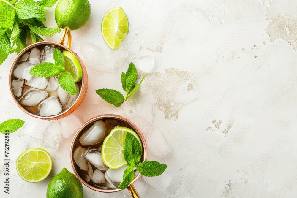 Moscow mule or mint julep in copper mug with lime ginger beer vodka and mint White table top view copy space - obrazy, fototapety, plakaty 