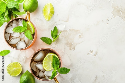 Moscow mule or mint julep in copper mug with lime ginger beer vodka and mint White table top view copy space
