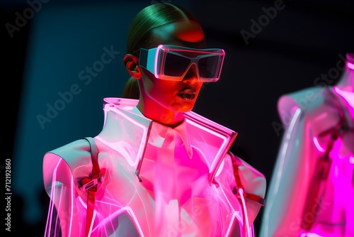 Cyberpunk girl wearing sunglasses and neon light glowing clothes