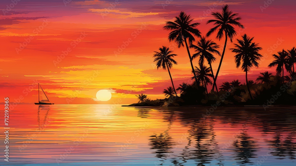 ocean tropical summer background illustration paradise vacation, surf coconut, hammock relaxation ocean tropical summer background