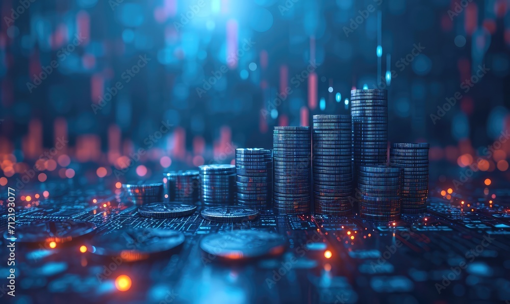coin background with a blue finance graph and investment bar, showcasing growth and success in the market with technology and currency reports coin background with a blue finance graph and investment bar, showcasing growth and success in the market with technology and currency reports