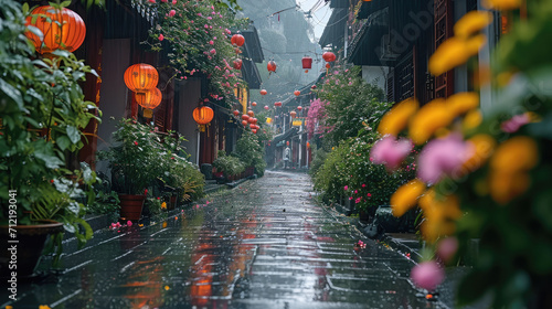 A beautiful street in the rain with flowers in the background. Generative AI.