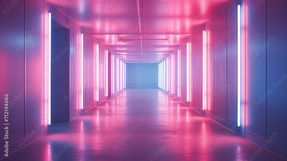 empty hallway with neon colored lighting