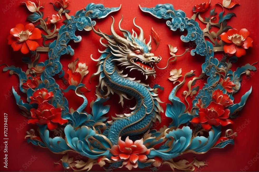 blue chinese dragon artwork with red background blue chinese dragon artwork with red background
