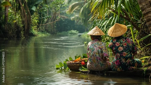 women with farmer hat sit near big river in the midle of the jungle lofi video photo