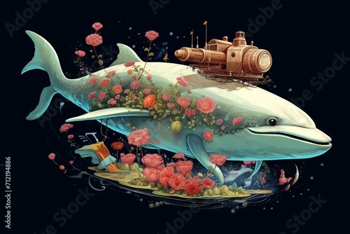 Illustration of a spaceship traveling with a whale and a flower on an infinite improbability drive. Generative AI photo