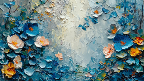 Textured floral painting with a vibrant array of impasto brushstrokes, depicting delicate blossoms in shades of blue, orange, and white against a soothing grey backdrop.