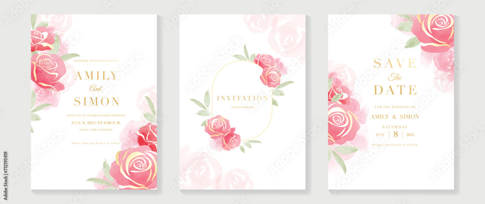 Luxury wedding invitation card background with golden line art rose flower and botanical leaves, frame, watercolor texture. Abstract art background vector design for wedding and vip cover template.