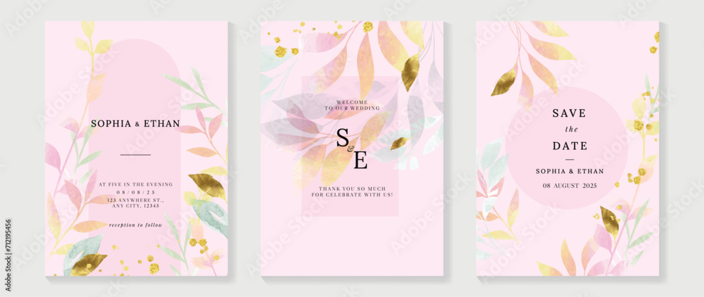 Luxury wedding invitation card background with golden botanical leaves, frame, glitter, watercolor texture. Abstract art background vector design for wedding and vip cover template.