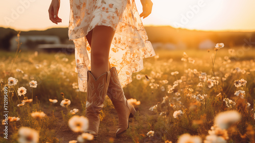 Beautiful cowgirl legs wearing trendy boho cowboy boots and summer dress.