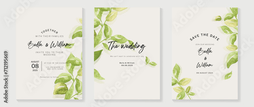 Luxury wedding invitation card background with green botanical leaves branch, watercolor texture. Abstract art background vector design for wedding, vip cover template, postcard, greeting.