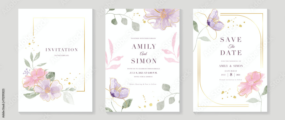 Luxury wedding invitation card background with golden line art flower and botanical leaves, frame, watercolor texture. Abstract art background vector design for wedding and vip cover template.