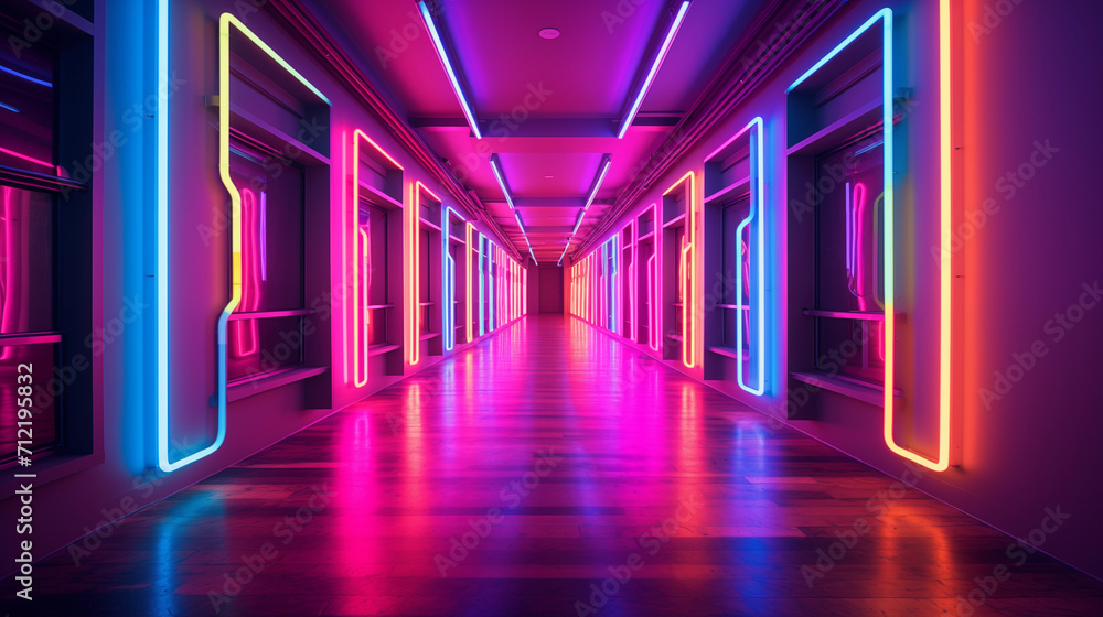 empty hallway with neon colored lighting