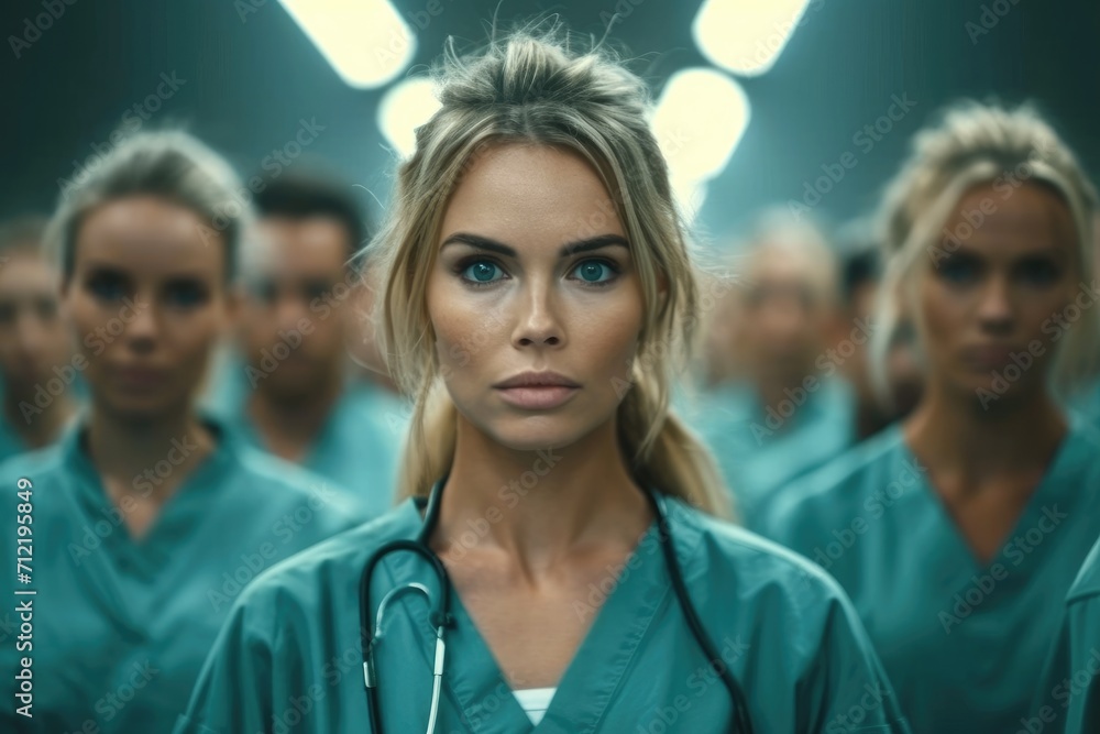 A nurse stand front and center in a group of others. Generative AI. A nurse stand front and center in a group of others. Generative AI.