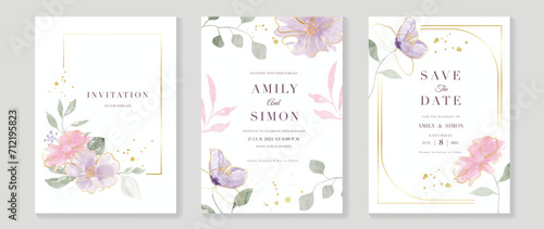 Luxury wedding invitation card background with golden line art flower and botanical leaves, frame, watercolor texture. Abstract art background vector design for wedding and vip cover template.