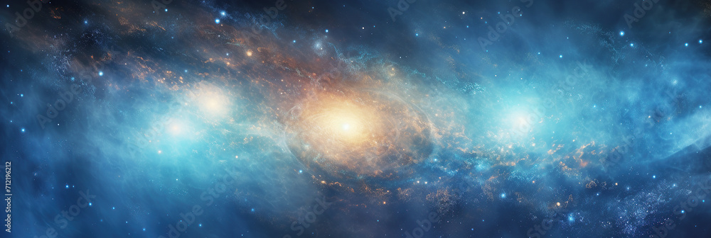 vibrant core of a spiral galaxy, ablaze with golden light and swirling blue clouds, studded with countless stars.