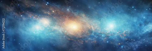 vibrant core of a spiral galaxy, ablaze with golden light and swirling blue clouds, studded with countless stars.