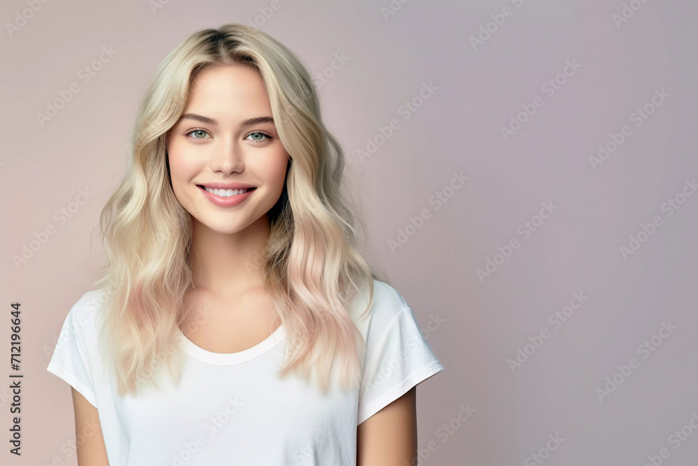 Young blonde skinny pale woman is smiling portrait. Generative ai. Young blonde skinny pale woman is smiling portrait. Generative ai.