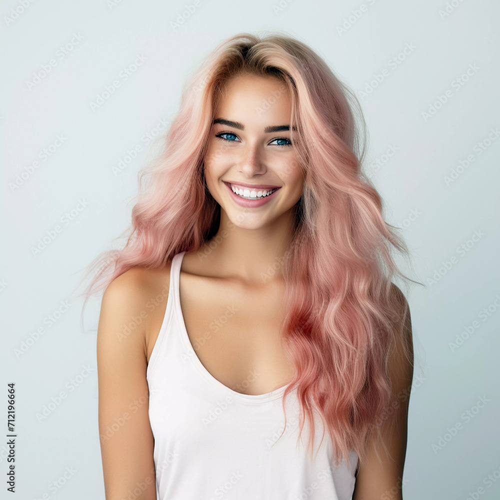 Happy beautiful young woman with pink hair portrait. Generative ai design art. Happy beautiful young woman with pink hair portrait. Generative ai design art.
