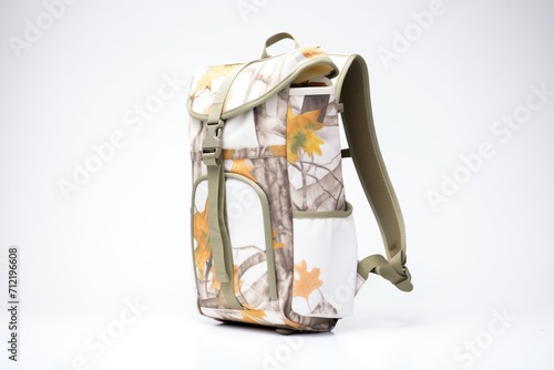 camouflage print backpack central on a white field photo