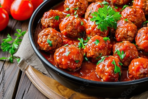 Top view of meatballs in sweet and sour tomato sauce