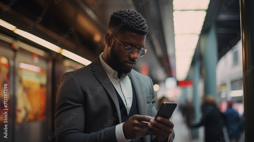 Afroamerican man standing on platform and browsing mobile phone Afroamerican man standing on platform and browsing mobile phone
