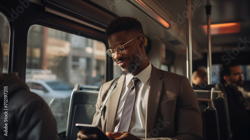 Cheerful Afroamerican man commuting to work in a bus and browsing mobile phone photo