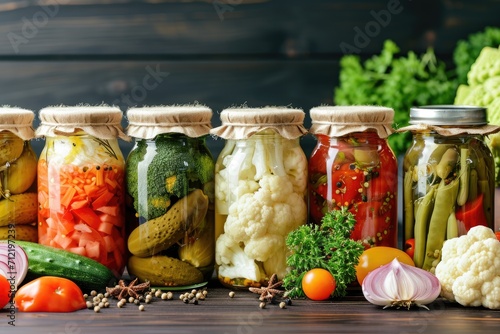 Various pickled vegetables arranged on a table including cauliflower broccoli beans cucumbers and green tomatoes stored in glass jars through fermentation provi photo