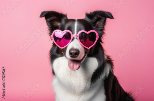 Lovely Border kollie in glasses in the shape of a heart on a pink background.