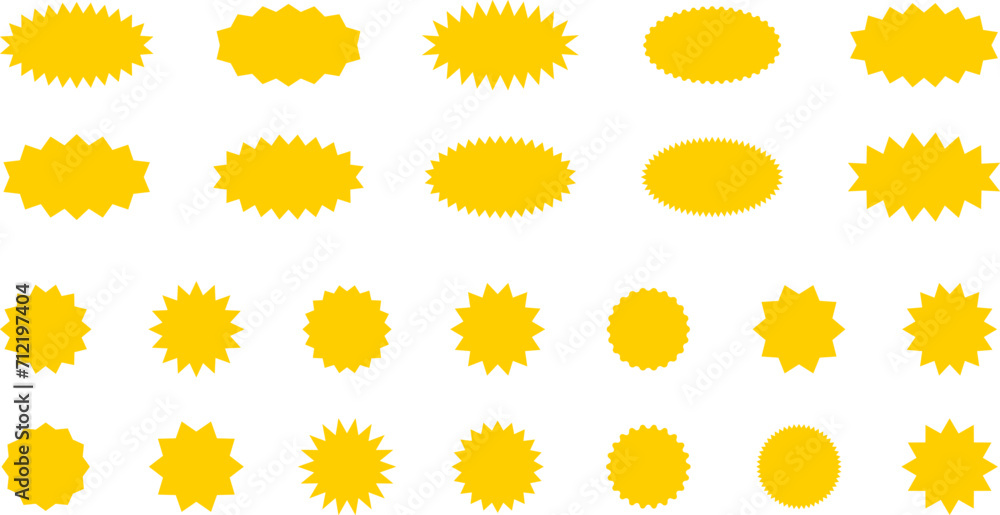 Starburst yellow sticker set - collection of special offer sale oval and round shaped sunburst labels and badges. Promo stickers with star edges. Vector. Starburst yellow sticker set - collection of special offer sale oval and round shaped sunburst labels and badges. Promo stickers with star edges. Vector.