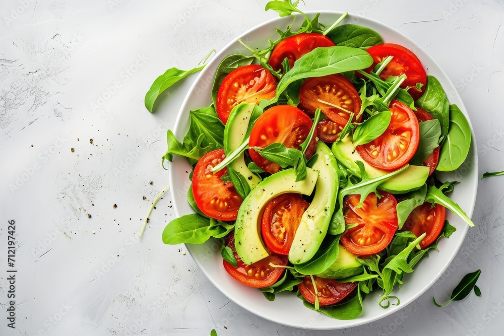 Tomato and avocado salad from a top view on a light background Tomato and avocado salad from a top view on a light background
