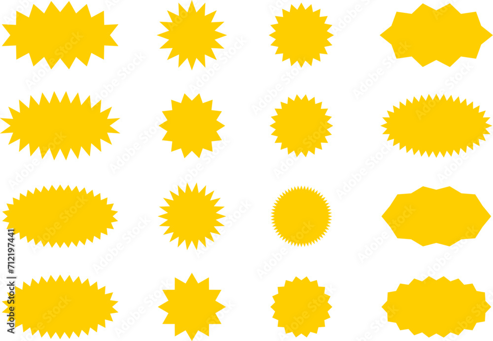 Starburst yellow sticker set - collection of special offer sale oval and round shaped sunburst labels and badges. Promo stickers with star edges. Vector. Starburst yellow sticker set - collection of special offer sale oval and round shaped sunburst labels and badges. Promo stickers with star edges. Vector.