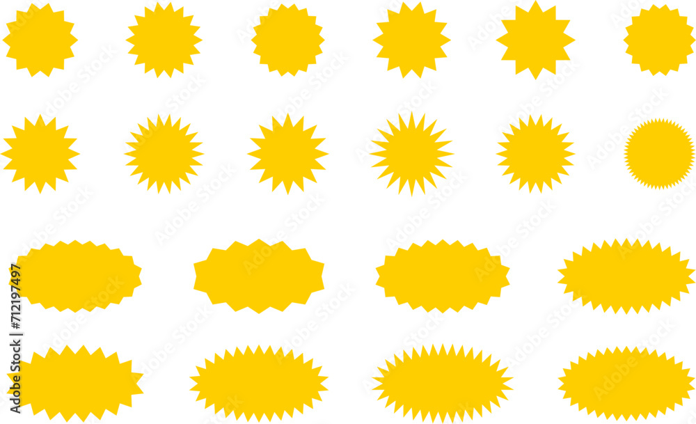 Starburst yellow sticker set - collection of special offer sale oval and round shaped sunburst labels and badges. Promo stickers with star edges. Vector.