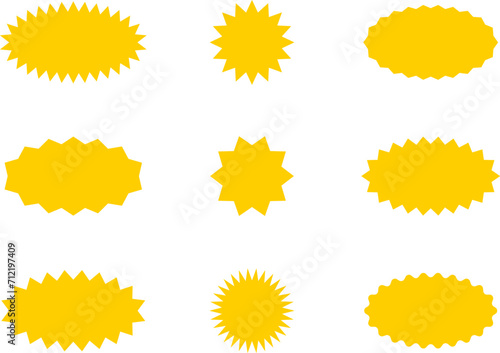 Starburst yellow sticker set - collection of special offer sale oval and round shaped sunburst labels and badges. Promo stickers with star edges. Vector. photo