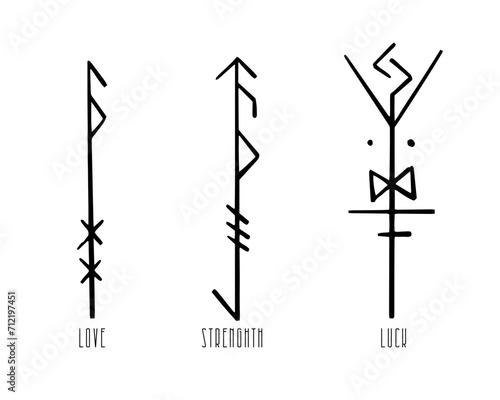 Photographie Nordic celtic runes, set norse protection symbols in doodle style, amulet, witchcraft signs on white background