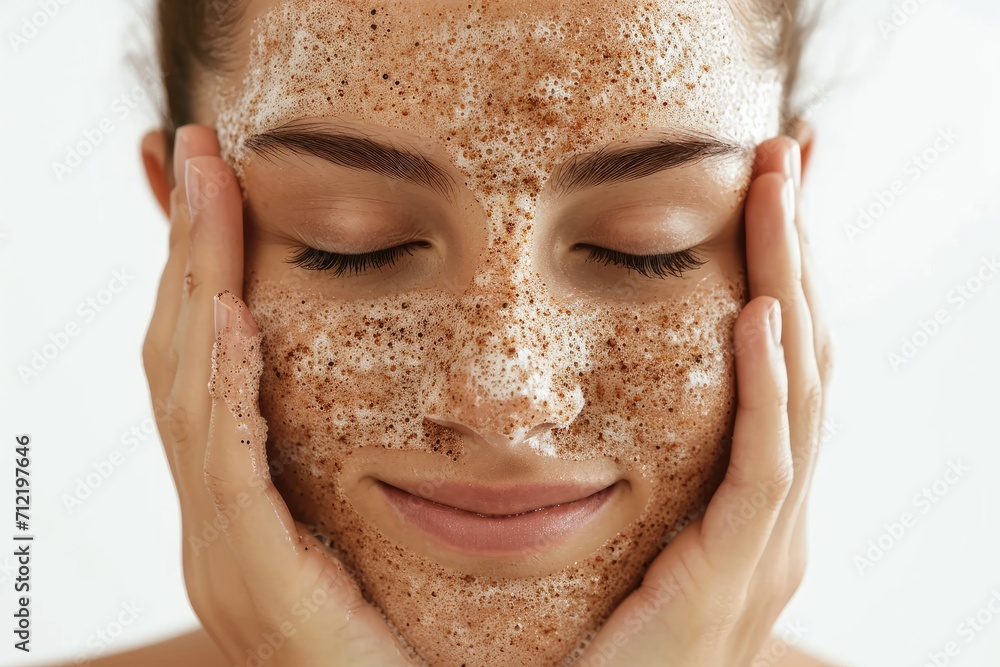 Fototapeta premium Woman using scrub on white background