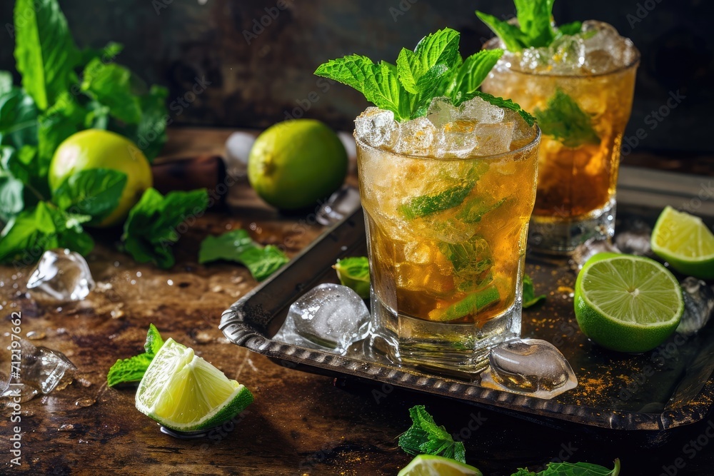Traditional mint julep drink with lime and lemon - obrazy, fototapety, plakaty 