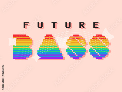 Pixel Art Typography, Future Bass Music Genre Label with Rainbow Gradient Color, Peach Background