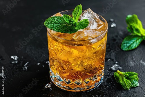Bourbon and mint mixed in a glass with ice on a dark background photo