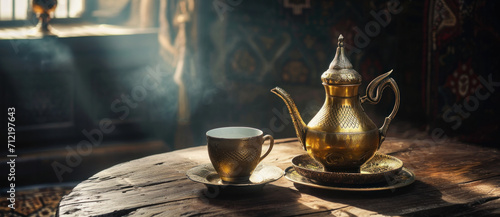 A steaming teapot and cup bask in the warm glow of morning, an invitation to savor the timeless ritual of tea