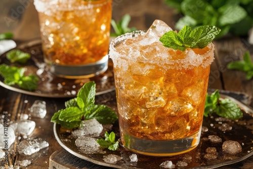 Alcoholic invigorating bourbon based cocktail with mint ice and sweetness