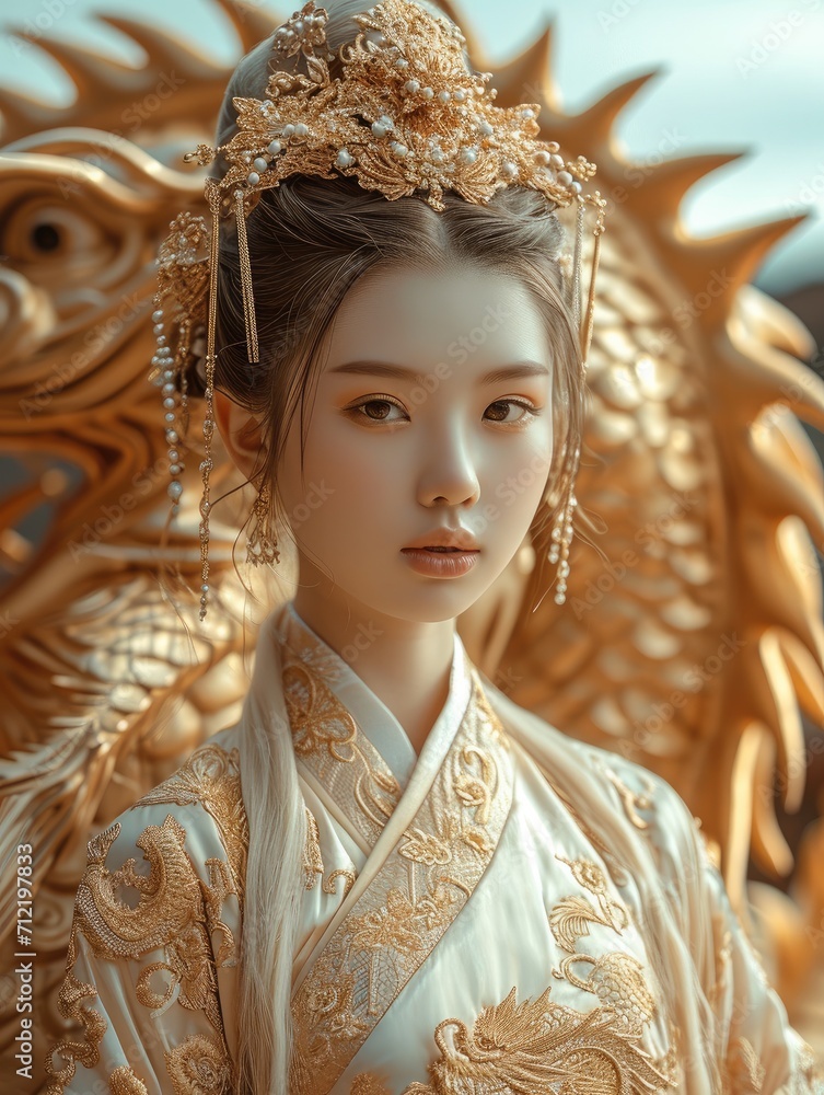 In front of gold dragon stands a Chinese beautiful girl wearing a gorgeous Hanfu. Generative AI.