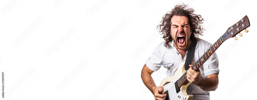 Obraz premium Close-up of an artist musician plays the guitar, sings loudly, screams emotionally excitedly, white background isolate.